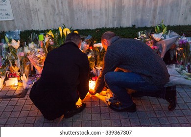 November 15th 2015, Tokyo, Japan. People Lighting Candles In Front Of The Embassy Of France In Memory Of The Jihadists ISIS Terrorist Raid In Paris