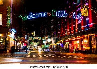 November 16, 2018: New York City, USA: View at night Litte Italy, Mulberry Street, Manhattan, New York, USA