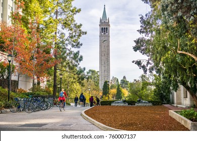 November 19, 2017 Berkeley/CA/USA - Students and visitors walking through the campus on a sunny autumn day; Sather Tower (Campanile)  in the background