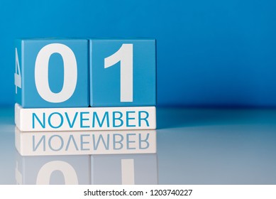 November 1st. Image of november 1 calendar on blue background. Empty space for text