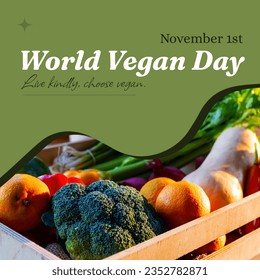 November 1st, world vegan day, live kindly, choose vegan with various fresh fruits and vegetables. Composite, veganism, organic, food, healthy, support and celebration concept. - Powered by Shutterstock
