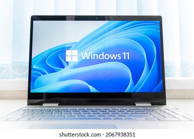 November 2, 2021. Barnaul, Russia. Windows 11 Logo On Laptop Screen. A New Operating System Update From Microsoft