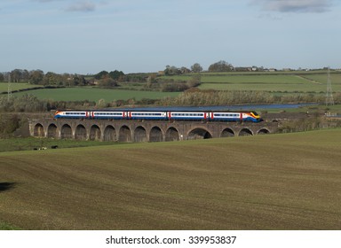 November 2015. East Midlands Class 222 Meridian Train Crosses 14 Arches Viaduct Between Wellingborough & Irchester, UK. Network Rail Defers Electrification Of The Line North Of Bedford.