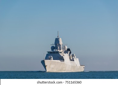 November 2017. Dutch navy frigate, Tromp sailing on the Northsea. (translation) Koninklijke Marine fregat de Tromp op de Noordzee.