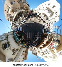 NOVEMBER 2018 - TEL AVIV: Full Circle-Panorama: Street Scene, Florentine, Israel.