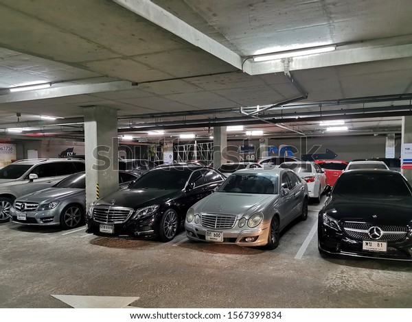 november, 2019 : many cars stopped at carpark,\
store  Bangkok\
Thailand
