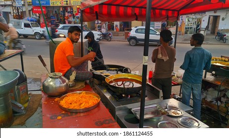 November 2020- Mahroli, Jaipur, India. Indian Confectioner Making Sweet And Crispy Jalebi. Delicious Sweets Shop Outside Of The Road.