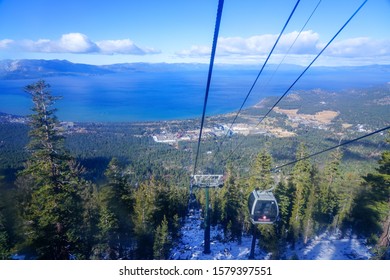 November 26,2019: California, Lake Tahoe, The Lift Up To The Ski Mountain And Lake Tahoe View