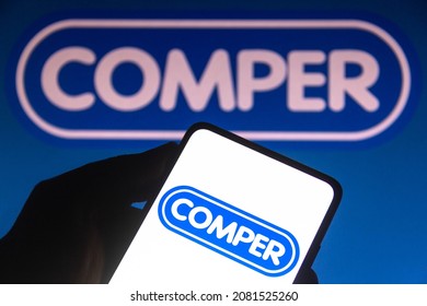 November 27, 2021, Brazil. In this photo illustration the supermarket Comper logo seen displayed on a smartphone