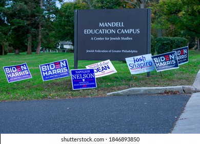November 3, 2020 - Elkins Park, Pennsylvania: Democratic Election Signs Out Front of a Polling Station at Gratz College in Elkins Park, Pennsylvania