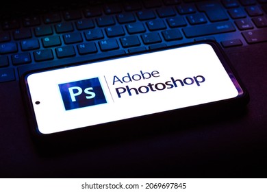 November 6, 2021, Brazil. In this photo illustration the Adobe Photoshop logo seen displayed on a smartphone