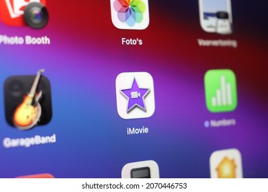 November 7, 2021, Leiden, the Netherlands: Imovie app icon on an apple laptop with m1 chip is shown. Imovie is a video editing program used to make films.