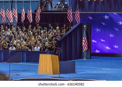 NOVEMBER 8, 2016, Empty Podium Election Night At Jacob K. Javits Center - Venue For Democratic Presidential Nominee Hillary Clinton Election Night Event New York, New York.