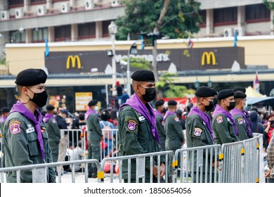 November 8, 2020 Thailand crowd control police line up anti-government protesters to prevent them from entering the Democracy Monument in Bangkok, Thailand.
