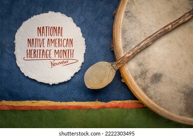 November - National Native American Heritage Month, handwritten note with a shaman drum and beater against abstract paper landscape, reminder of historical and cultural event