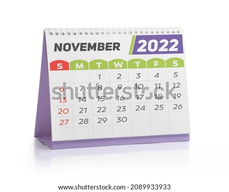 November White Office Calendar 2022 Isolated on White