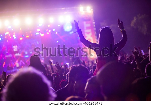 NOVI SAD - JULY 11 : Crowd\
in front of the Main Stage at EXIT 2015 Music Festival during Manu\
Chao band  July 11, 2015 in Novi Sad, Petrovaradin Fortress, Serbia\
