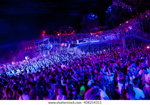 NOVI SAD - JULY 12 : Crowd in front of the Dance\
Arena at EXIT 2015 Music Festival July 12, 2015 in Novi Sad,\
Petrovaradin Fortress, Serbia\
