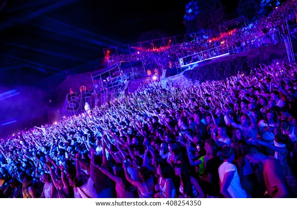 NOVI SAD - JULY 12 : Crowd in front of the Dance\
Arena at EXIT 2015 Music Festival July 12, 2015 in Novi Sad,\
Petrovaradin Fortress, Serbia\

