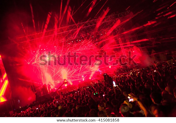 NOVI SAD - JULY 13 : Crowd in front of the Main\
Stage at EXIT 2015 Music Festival July 13, 2015 in Novi Sad,\
Petrovaradin Fortress,\
Serbia