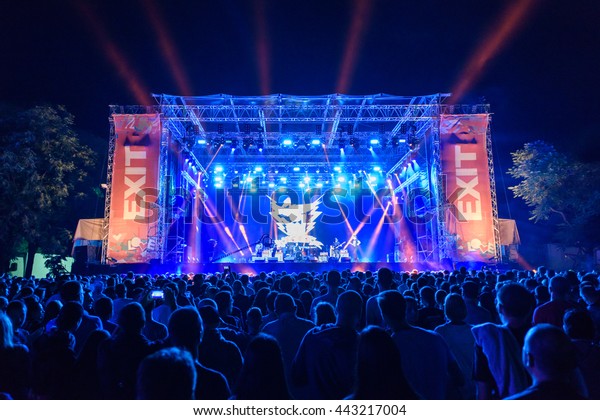 NOVI SAD - JULY 9 :\
Crowd in front of the Main Stage at EXIT 2015 Music Festival during\
Eagles of Death Metal band July 9, 2015 in Novi Sad, Petrovaradin\
Fortress, Serbia