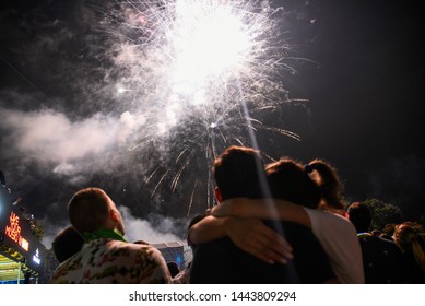 Novi Sad, Serbia - 04 July 2019: Visitors watch firework during Opening ceremony at Main Stage at Exit festival. The 19th Exit festival with the theme of Tribe started at Petrovaradin fortress 
