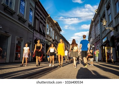 Novi Sad, Serbia - July 13, 2017: People Walking Through Famous Dunavska Street In Novi Sad European Capital Of Culture 2021.