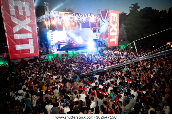 NOVI SAD,\
SERBIA - JULY 7: Audience infront of the Dance Arena at EXIT 2011\
Music Festival, during DEADMAUS5 performance on July 7, 2011 in the\
Petrovaradin Fortress in Novi\
Sad.