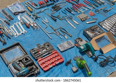 Novi Sad, Serbia - June 3, 2018: Second Hand Tools For Sale At Flea Market In Novi Sad, Serbia.