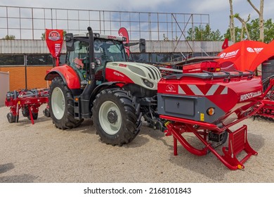 Novi Sad, Serbia - May 23, 2022: Steyr Tractor With Horsch Attachments Farming Equipment At Agriculture Fair Trade Expo.