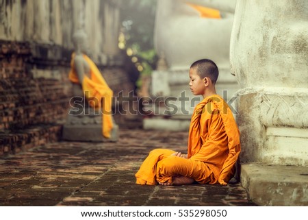 Novices monk vipassana meditation at front of Buddha statue