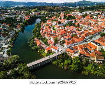 Novo Mesto Cityscape at Bend of the Krka River in Slovenia Lower Carniola Region. Aerial Drone View. - Shutterstock ID 2024897915