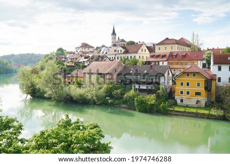 Novo Mesto old town, view from the bridge over Krka river, Novo Mesto, Dolenjska region, Slovenia.