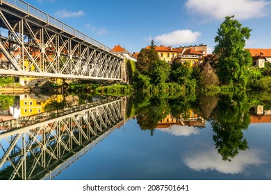 Novo Mesto ( Rudolfswerth, Newestat), Slovenia, Lower Carniola Region, near Croatia at Bend of River Krka. Old Iron Bridge View. - Shutterstock ID 2087501641