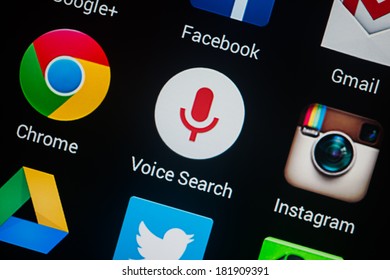 NOVOKUZNETS, RUSSIA - MARCH 13, 2014: Closeup Photo Of Voice Search Icon On Mobile Phone Screen.