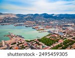 Novorossiysk city centre aerial panoramic view. Novorossiysk is the main port on the Black Sea in Krasnodar Krai, Russia.