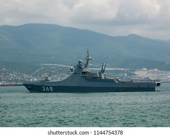 NOVOROSSIYSK, RUSSIA - JULY 29, 2018: Celebrating the day of the Russian Navy. Patrol ship "Vasily Bykov" project 22160 in the roadstead. JULY 29, 2018
