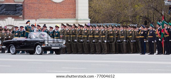 NOVOSIBIRSK - MAY 9: Commander\
of the 41st Army Vasiliy Tonkoshkurov  takes parade dedicated to\
Victory Day in Great Patriotic War on May 9, 2011, Novosibirsk\
Russia