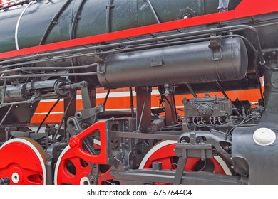 Novosibirsk Museum of railway equipment in Novosibirsk, Siberia, Russia - July 7, 2017: the Rocker mechanism of the Soviet mainline freight locomotive L - Shutterstock ID 675764404