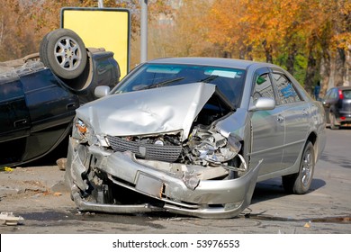 NOVOSIBIRSK - OCTOBER 11: Car Accident On The Road With Participation Of Two Cars. One Has Turned Over October 11, 2009 In Novosibirsk, Russia