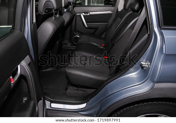 Novosibirsk/ Russia – April 02 2020:  Chevrolet\
Captiva, Rear seat for passengers in black leather. Comfort car\
inside.\
