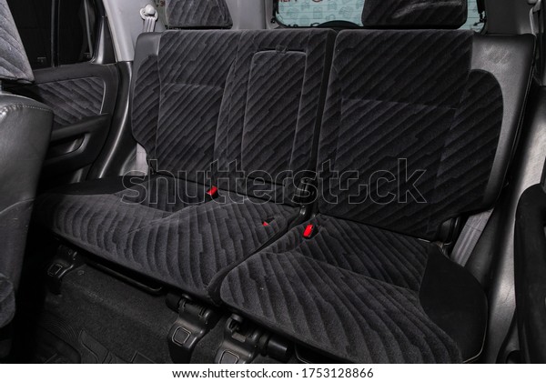 Novosibirsk/ Russia\
– April 02 2020: Honda CR-V ,Rear seat for passengers in black\
textile. Comfort car\
inside.\
