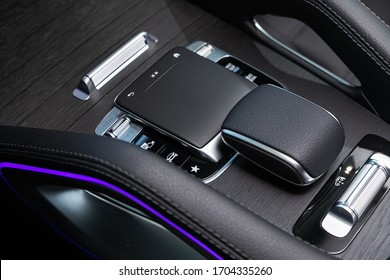 Novosibirsk/ Russia – April 06, 2020: Mercedes-Benz GLS-class  450, Gear shift. automatic transmission gear of car , car interior