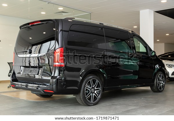 Novosibirsk/ Russia – April 28 2020: \
Mercedes-Benz V-class, commercial panel van, back view. New\
expensive  modern  van on a parking  in\
autosalon