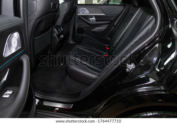 Novosibirsk/ Russia – April 28 2020: Mercedes\
Benz GLE-class, Rear seat for passengers in black textile and\
leather. Comfort car\
inside.\
