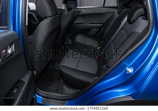 Novosibirsk/\
Russia – August 01  2020: Hyundai Creta, Rear seat for passengers\
in black textile. Comfort car\
inside.\
