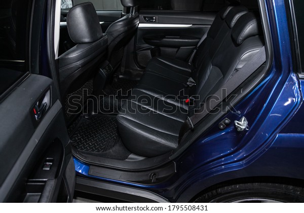 Novosibirsk/\
Russia – August 01 2020: Subaru Outback, Rear seat for passengers\
in black textile. Comfort car\
inside.\
