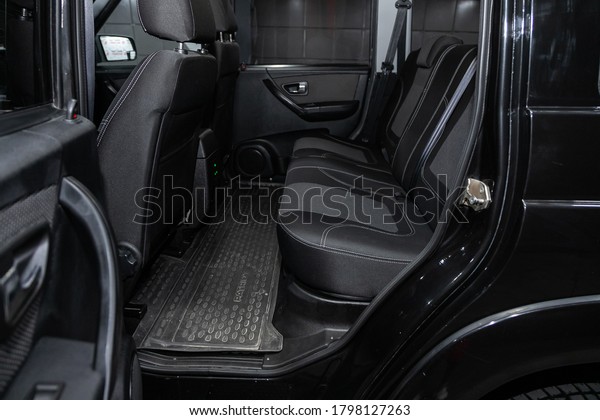 Novosibirsk/ Russia
– August 01  2020: UAZ Patriot , Rear seat for passengers in black
textile. Comfort car
inside.
