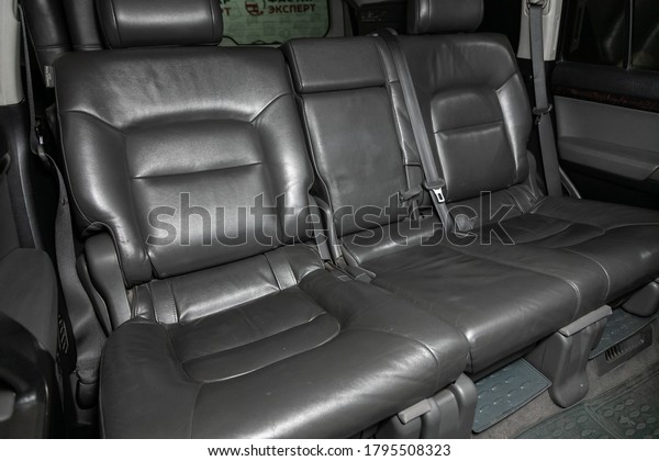 Novosibirsk/ Russia – August 01 2020:Toyota\
Land Cruiser 200, Rear seat for passengers in black textile.\
Comfort car\
inside.\
