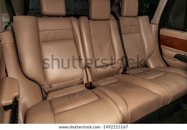 Novosibirsk, Russia – August 19, 2019: Land\
Rover Range Rover Sport, Leather beige interior design, car\
passenger and driver seats with seats belt.\
\
